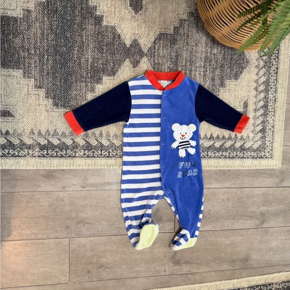 Vintage Baby Boy Color Block Striped Bear Terry Cloth Footies Size 6-9 Months